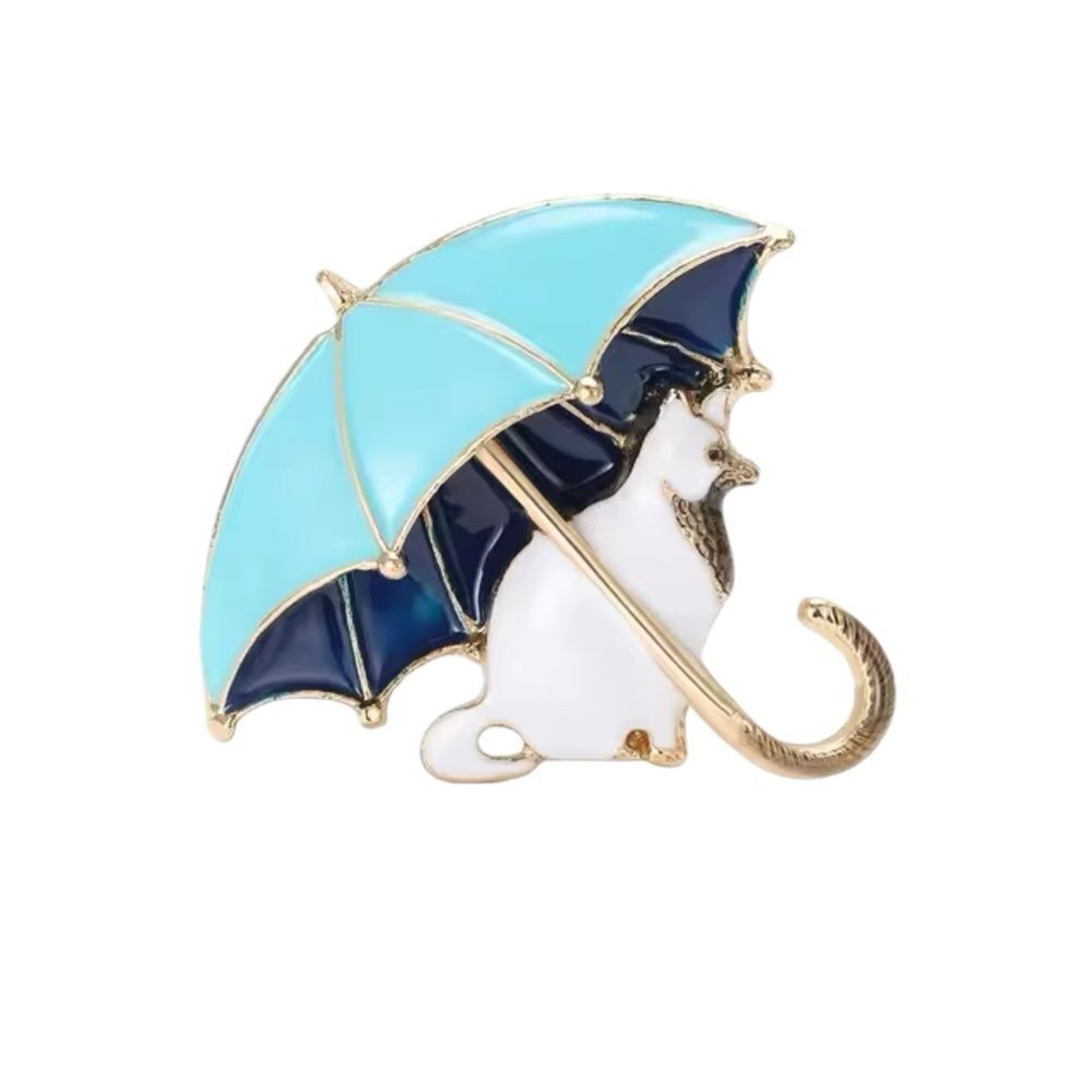 WHITE CAT WITH BLUE UMBRELLA BROOCH
